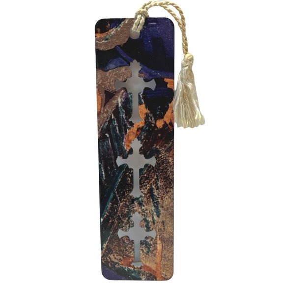 Die Cut Cross Metal Bookmark Abstract Earth Tone Style Christian Religious 6" T - Picture 1 of 10
